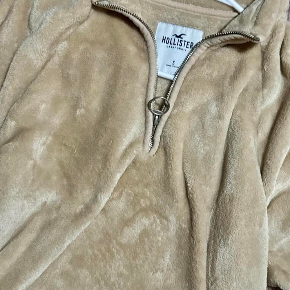 Hollister Womens Tan Faux Fur Fleece Quarter Zip Sweatshirt Pullover Small